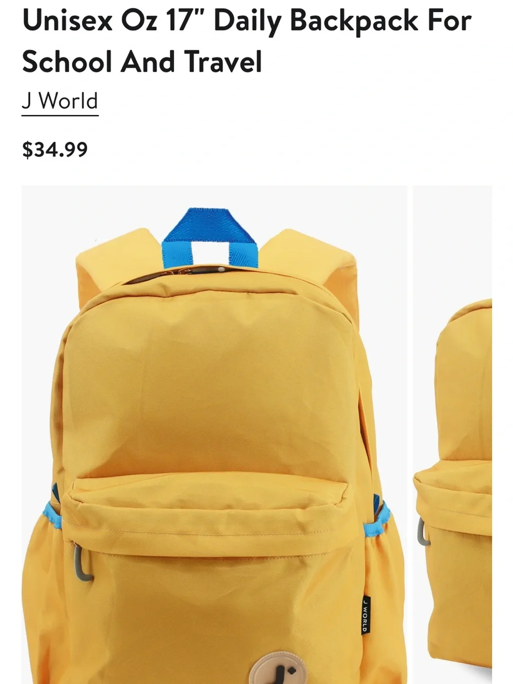 J World BRAND NEW! Yellow Kids Backpack with Blue Accents